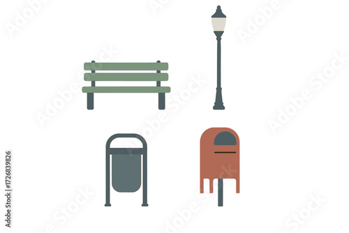 City park elements including a bench, lamp post, trash bin, and mailbox during a sunny day