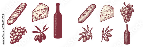 Cheese, bread, and wine with grapes and olives for a delightful meal preparation in a rustic setting