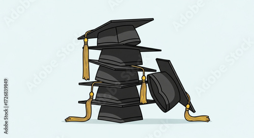 A stack of graduation caps with tassels, one cap is falling off to the side, against a light blue background