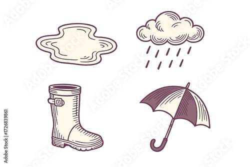 Rainy day essentials with puddles, clouds, and boots on a gray afternoon