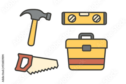 Tools for DIY projects with hammer, level, saw, and toolbox on white background