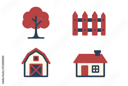 Illustrations of rural elements including a tree, fence, barn, and house in a simple design style
