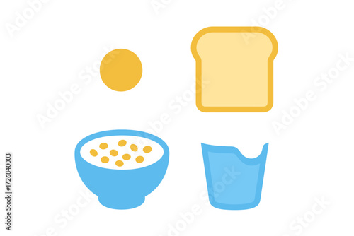 Breakfast items arranged with bright colors and simple design showcasing a bowl of cereal, bread slice, and milk