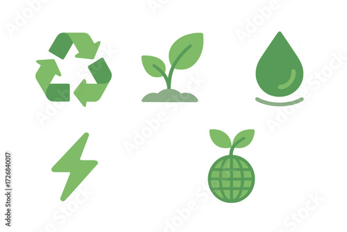 Green symbols representing sustainability and environmental protection displayed on a neutral background