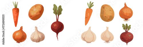 Freshly harvested vegetables displayed in a neat arrangement on a light background