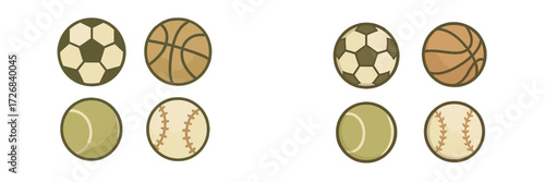 Sports ball collection featuring soccer, basketball, tennis, and baseball in a minimalist design