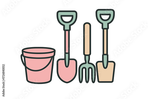 Garden tools are ready for planting flowers and vegetables in spring season
