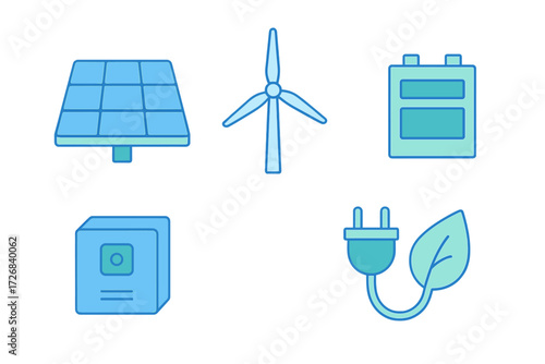 Renewable energy icons representing solar, wind, and battery power for sustainable electricity solutions