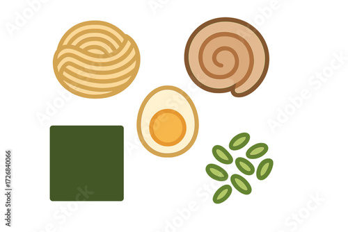 Delicious ramen ingredients including noodles, egg, seaweed, and sesame seeds displayed on a simple background