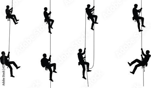 Silhouette climbers on ropes, athletes rappelling and ascending with harnesses, outdoor adventure and mountaineering sport vector illustration