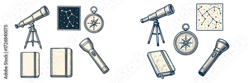 Exploring the night sky with telescopes, compasses, and notebooks during a stargazing event