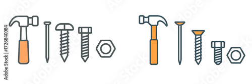 Tools for construction and repair displayed on a simple background showcasing various types of fasteners and hammers