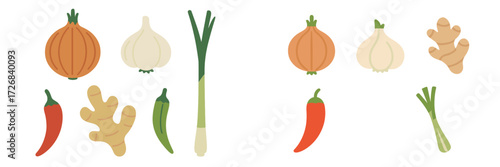 Cooking ingredients displayed with different types of vegetables and spices on a simple white background