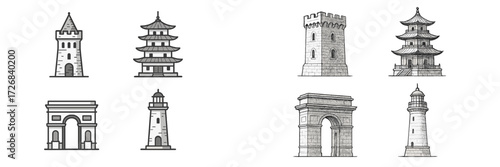Beautiful collection of architectural structures from around the world featuring towers and temples in a simple design style