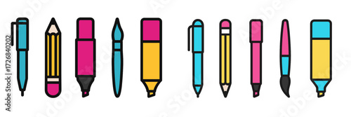 Colorful assortment of writing tools featuring pens, highlighters, and pencils arranged in a stylish manner