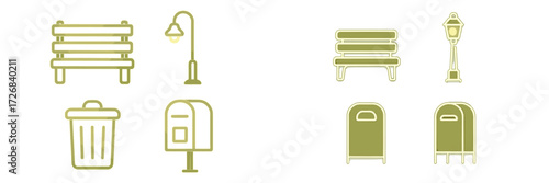Various urban elements including benches, lamps, and trash bins for city parks and streets