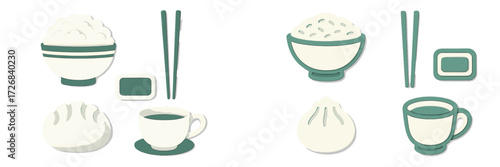 Colorful table setting with dumplings, rice, and tea in a modern style made of clay