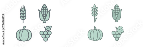 Colorful illustrations of crops and fruits showing the diversity of agriculture in rural life and seasonal harvest