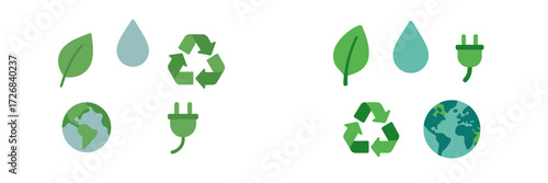 Symbols of sustainability showing renewable energy, recycling, and environmental care in a clean layout
