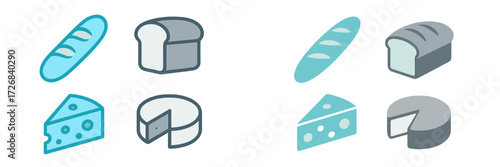 Bread and cheese icons in flat design showcasing different types of bakery and dairy products for visual representation and culinary themes