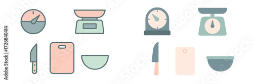 Kitchen tools for cooking and baking displayed in a flat design style, showcasing essential items for food preparation