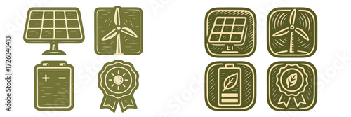 Renewable energy symbols representing solar and wind power along with battery storage and eco-friendly achievements