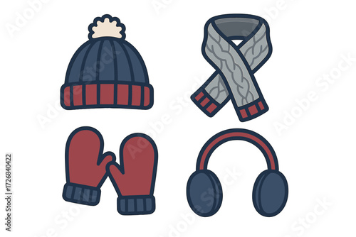 Winter accessories in cozy colors including a hat, scarf, gloves, and headphones for staying warm during cold months