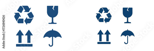 Recycling symbols and handling instructions displayed on packaging for safe disposal and shipping