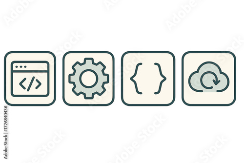 Icons representing web development, coding, and programming tools for modern technology solutions and cloud computing
