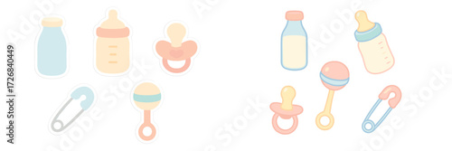 Colorful baby essentials arranged on a white background including bottles, pacifiers, and safety pins for newborn care