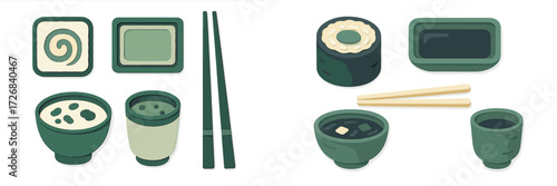 Japanese cuisine dishes with chopsticks and sauces arranged on a table