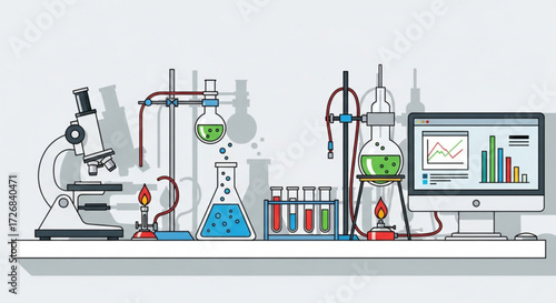 Illustration of a laboratory setup with microscope bunsen burner flasks test tubes and computer displaying graphs