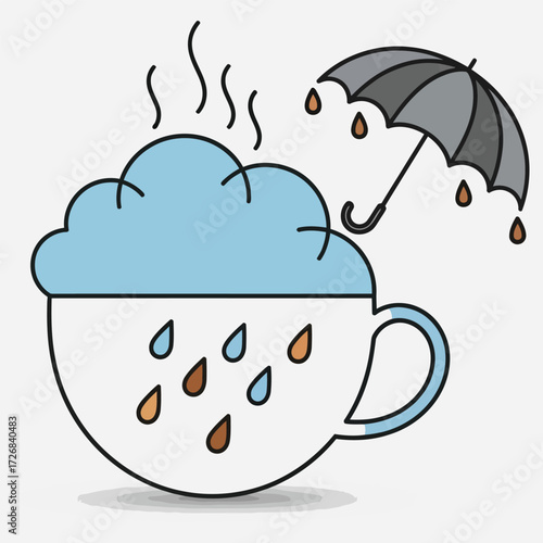 Conceptual vector graphic of a teacup filled with a steaming rain cloud under a tiny umbrella, representing a cozy rainy day