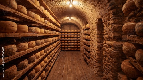 Aging cheese wheels on wooden shelves in a traditional stone cellar with warm light