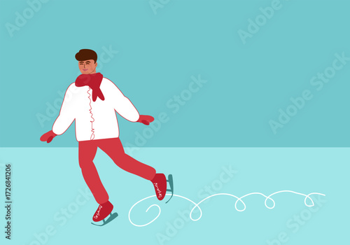 Young man in winter clothes skating on ice on rink outdoors, active sport outdoors - vector color flat illustration