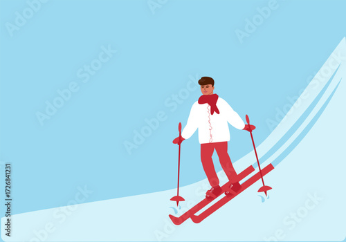 Young man in winter suit skiing downhill. Winter extreme sport outdoors. Color flat vector illustration