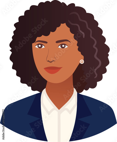 Stylish African American Businesswoman Avatar – Minimal Flat Vector Portrait with Curly Hair & Professional Blazer