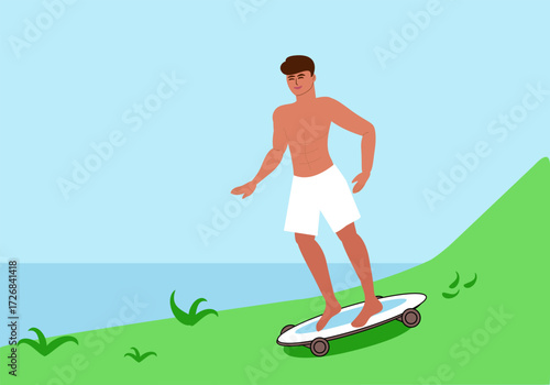 Young tanned man riding downhill on skateboard. Summer extreme sport outdoors. Color vector illustration for banners, postcards, posters, flyers