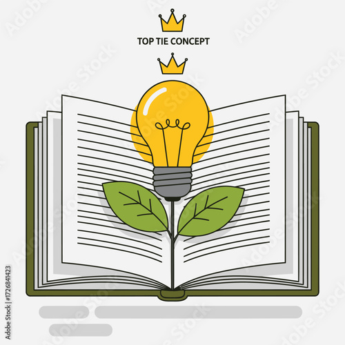 Illustration of an innovative idea as a lightbulb flower on a plant growing from an open book symbolizing knowledge, education and success