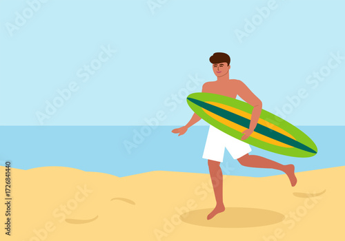 Young tanned man running on beach with surfboard, extreme sport on sea, ocean in summer - vector color flat illustration for banners, postcards, posters, flyers