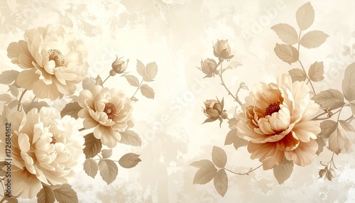 Vintage floral wallpaper in beige tones, antique botanical style