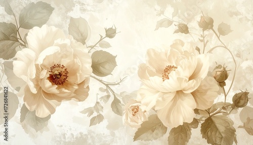 Vintage floral wallpaper in beige tones, antique botanical style