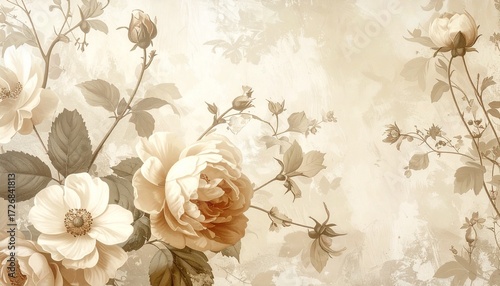 Vintage floral wallpaper in beige tones, antique botanical style