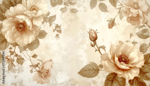 Vintage floral wallpaper in beige tones, antique botanical style