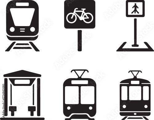 Modern transport icons train bike pedestrian station travel