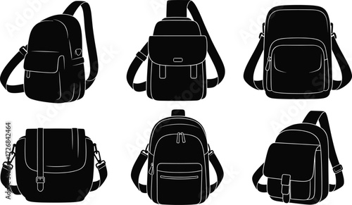 Sling bags collection, crossbody backpacks, small travel bags, casual shoulder packs, modern everyday carry bags, vector illustration