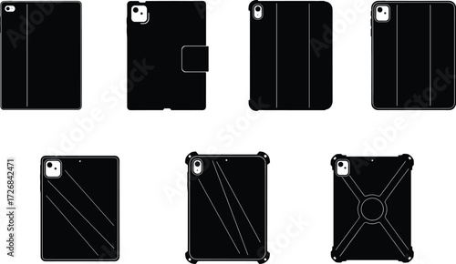 Tablet case set, iPad protective covers, smart cover designs, shockproof cases, modern tablet accessories, vector illustration