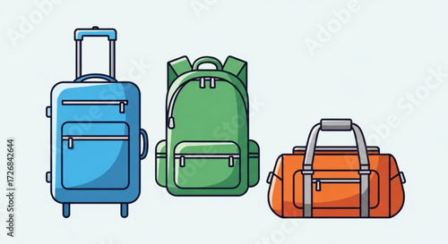 Illustration of a blue suitcase with wheels, a green backpack, and an orange duffel bag on a white background