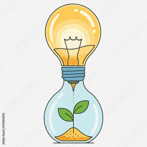 Conceptual illustration of sustainable innovation A bright light bulb transforms into a thriving plant within an hourglass, symbolizing eco-friendly development and future growth