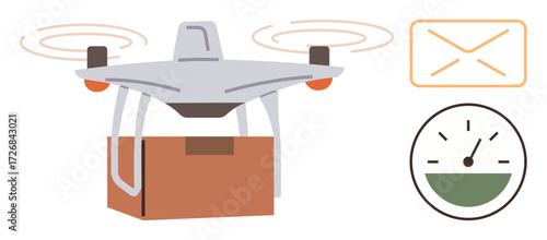 Delivery quadcopter carrying a box, speedometer showing efficiency, and envelope icon for mail logistics. Ideal for logistics, shipment, innovation, technology, automation, efficiency delivery